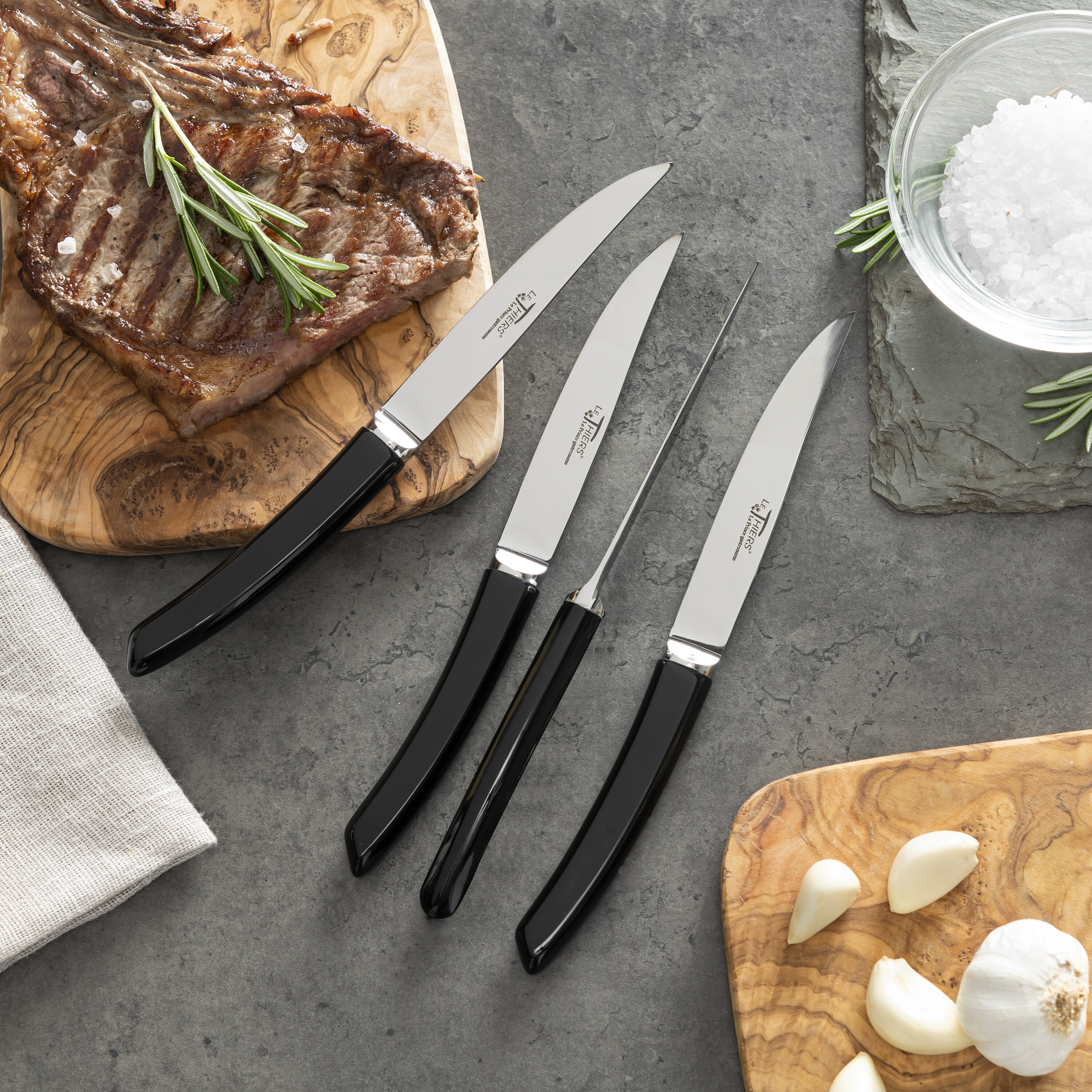 Set of 6 LE THIERS® table steak knives with ebony wood handle and stainless  steel blade