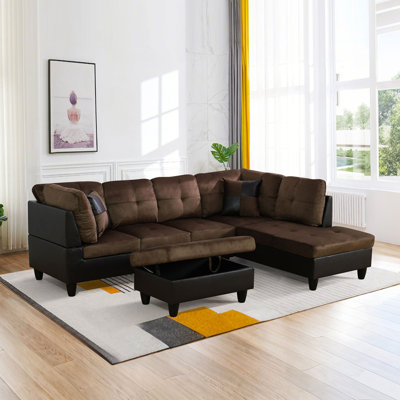 Canapé modulaire en L, méridienne et repose-pieds 3 pièces Corisande - brun chocolat / brun foncé - 2 tons