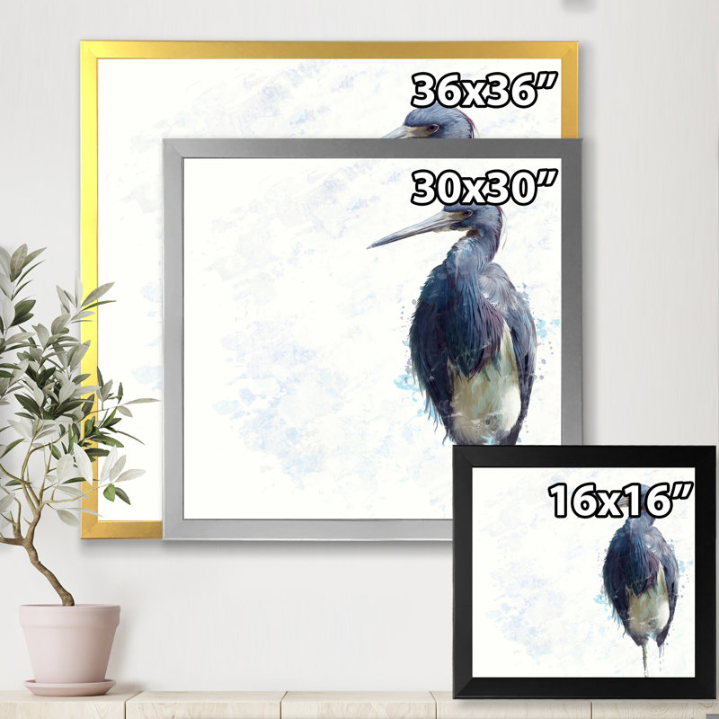 Héron tricolore - peinture sur toile encadrée, Encadrement doré, H 16 po x l 16 po x P 1 po
