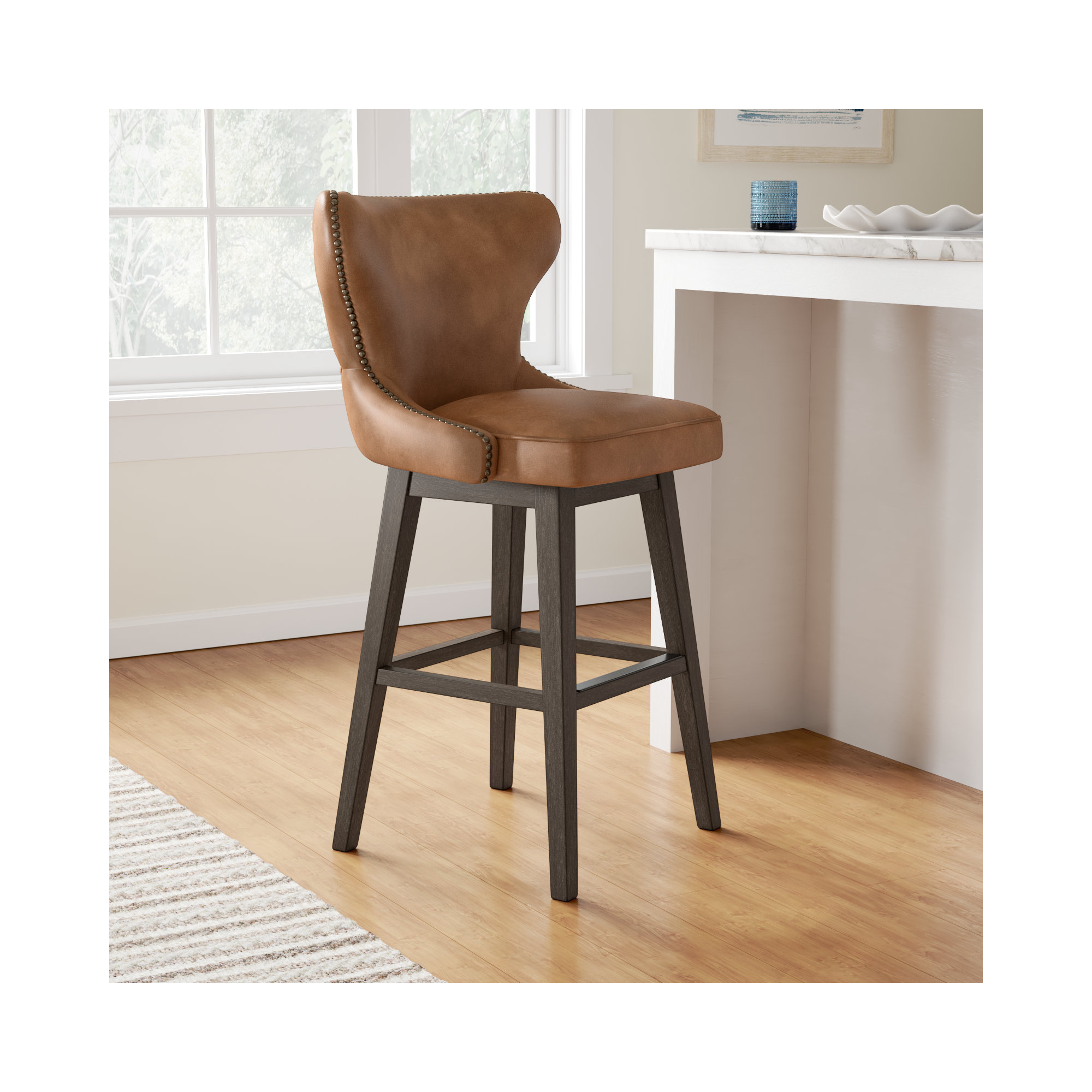 Caraline Leather Swivel Stool, Wax Brown Faux Leather, Bar Stool ( 30" Seat Height)