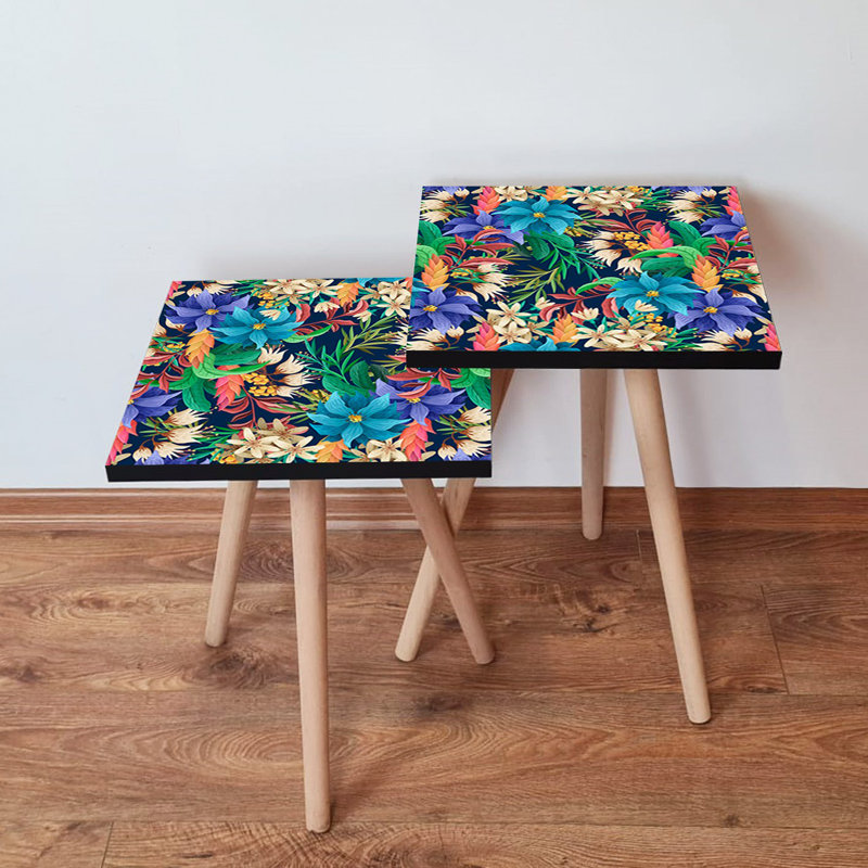 Elegant Nesting Tables (2 Pieces), Bohemian Style, Beech Wood Legs, 13.8 x 18.5 x 13.8 in & 13.8 x 16.5 x 13.8 in | 100% MDF with 0.7 in Thickness | Perfect for Living Room & Flower Decor, Versatile & Stylish