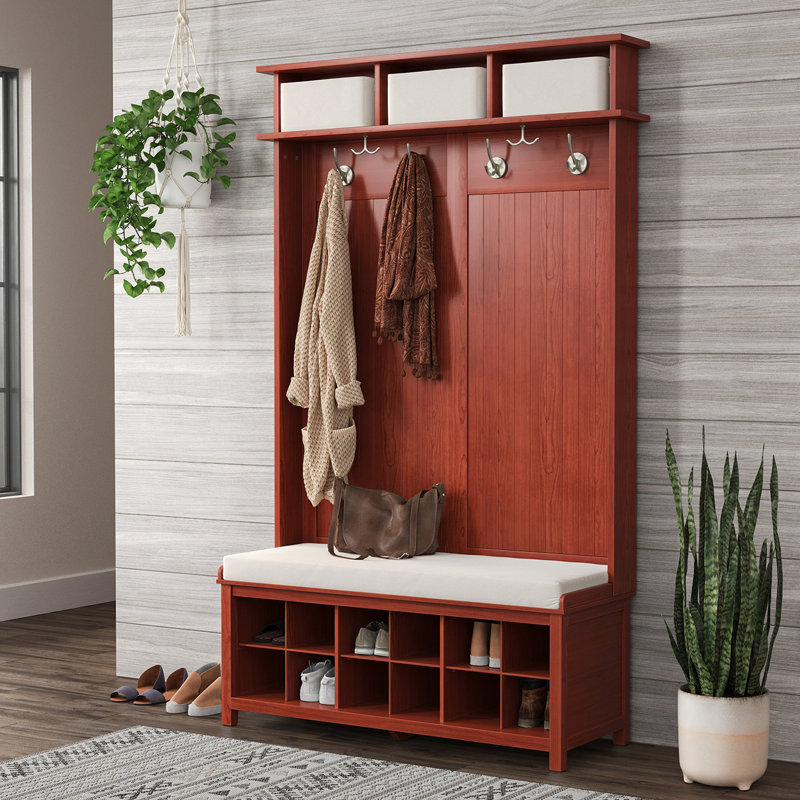 John Louis Home Solid Wood Hall Tree with Shoe and 1 Bin Storage, Red Mahogany