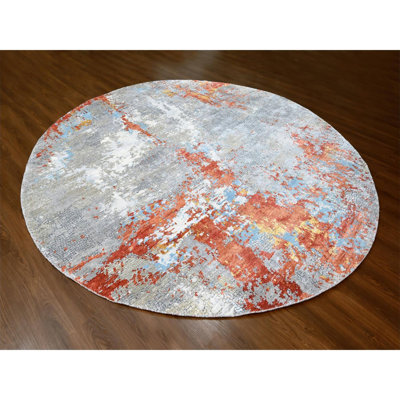 11'10" x 11'10" Rust Orange Hand Knotted Abstract Design Wool and Silk Round Rug