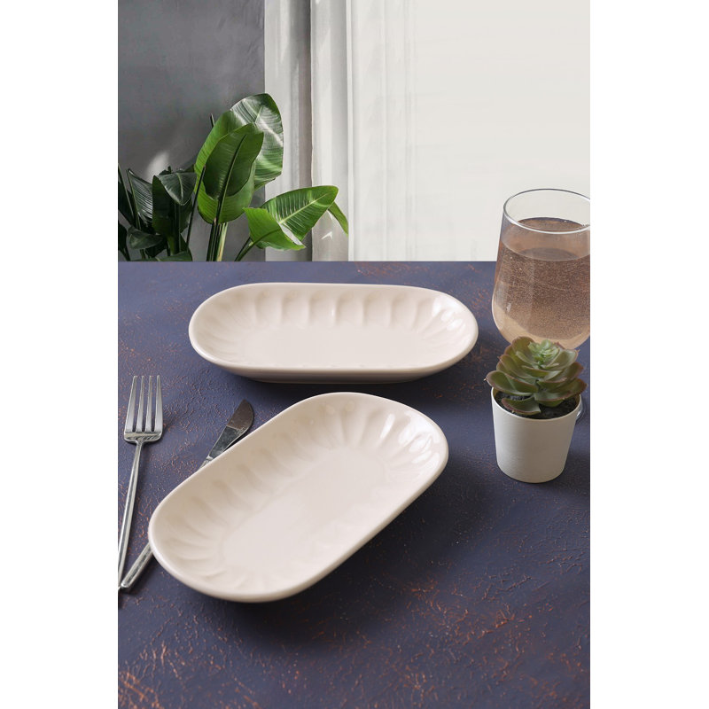 Elegant Ceramic Platter Set (2 Pieces), Cream Color, 5.1 x 8.7 inches | 100% Stoneware, Antibacterial & Eco-Friendly | Dishwasher Safe up to 122°F, Microwave Safe | Perfect for Serving & Entertaining, Easy to Clean