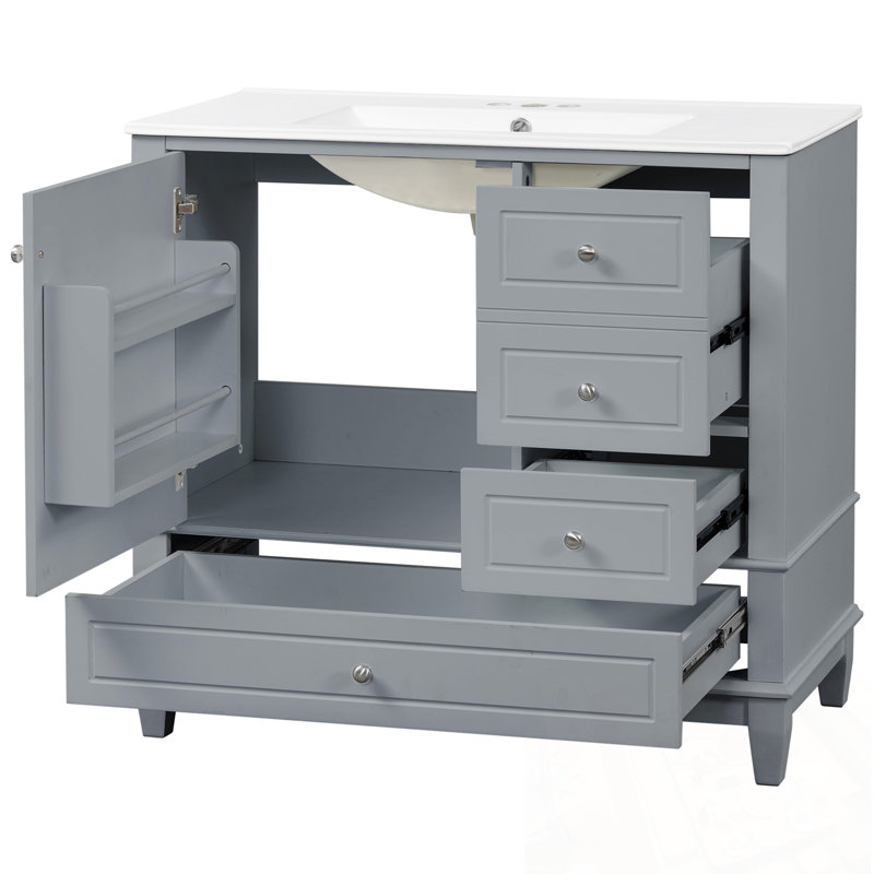 Bathroom Vanity with Sink, 3 Drawers and Door Shelves, Gray