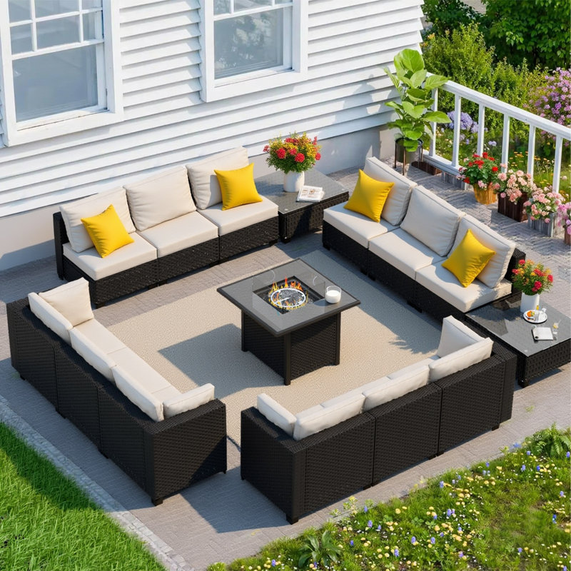  𝗣𝗿𝗲-𝗔𝘀𝘀𝗲𝗺𝗯𝗹𝗲𝗱 𝗖𝗵𝗮𝗶𝗿𝘀, 12-Person Patio Furniture Set Rattan Outdoor Sectional Conversation Sofa Seating Group With Propane Fire Pit Table