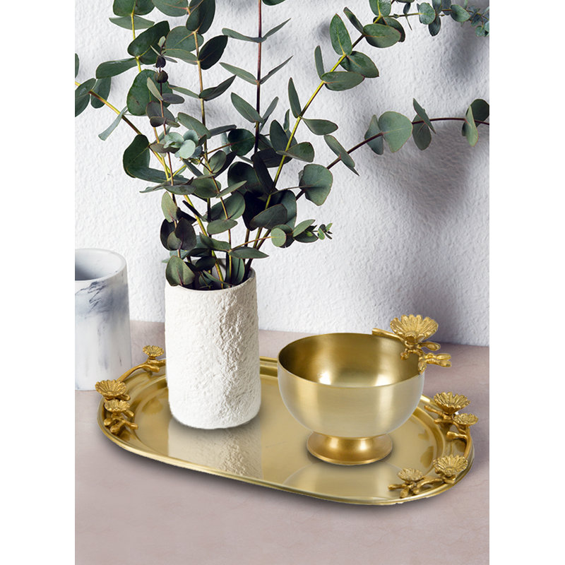 Golden Stainless Steel Floral 14.5" Serving Tray