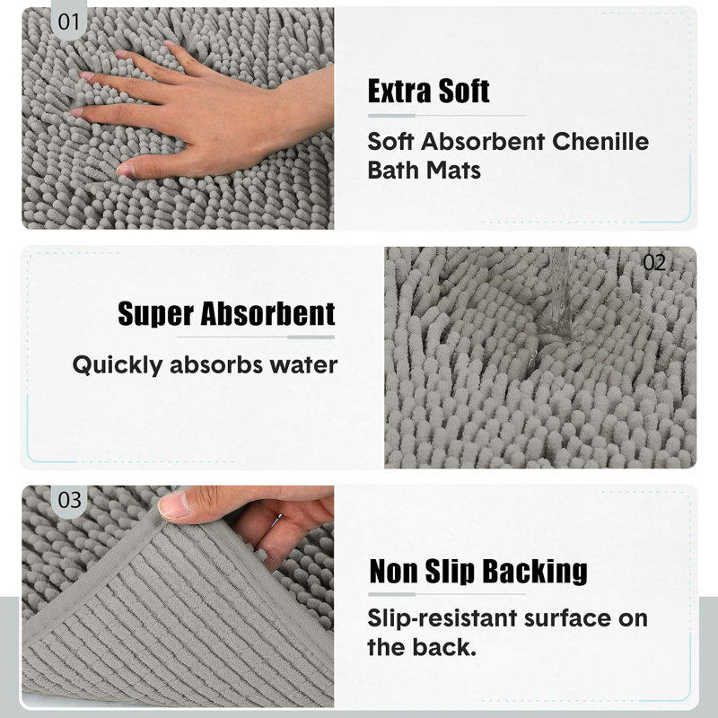 Ensemble de 3 tapis de bain en chenille avec tapis de toilette en forme de U, ultra doux, en microfibre à séchage rapide, envers antidérapant en TPR, gris pâle