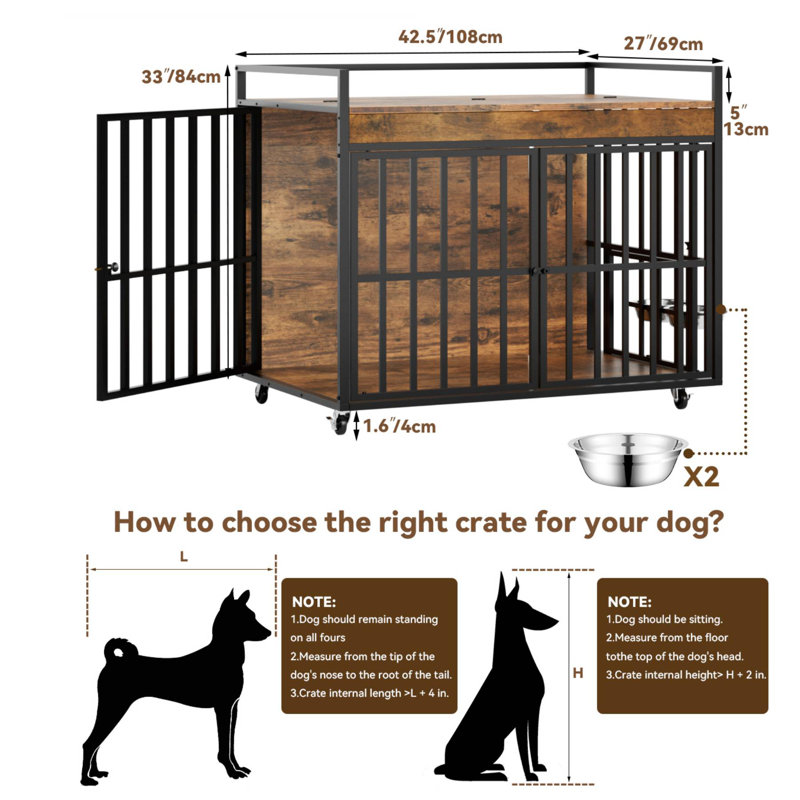 Dog Crate Furniture Style, Heavy Duty Dog Kennel with Wheels & Bowls, Decorative Dog House for Large Dogs
