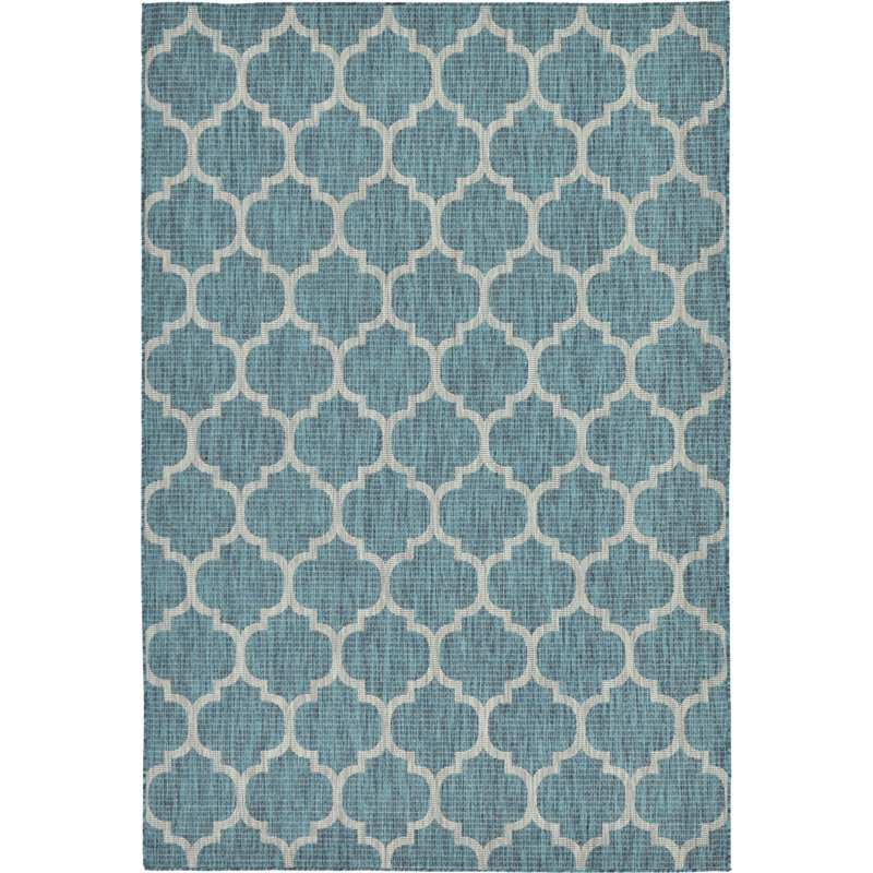 Annetrude Geometric Indoor / Outdoor Rug, Rectangle 6'1" x 9', Teal
