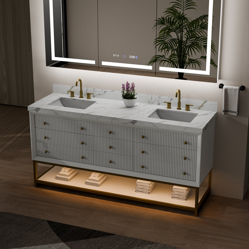 Meuble-lavabo double 72 po avec comptoir en pierre d'ingénierie, double lavabo sous comptoir, tablette DEL et 9 tiroirs à fermeture en douceur - armoire noire ou blanche