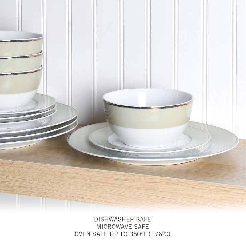 Gray and Off-White Porcelain 12-Piece Dinnerware Set with Gold Rim