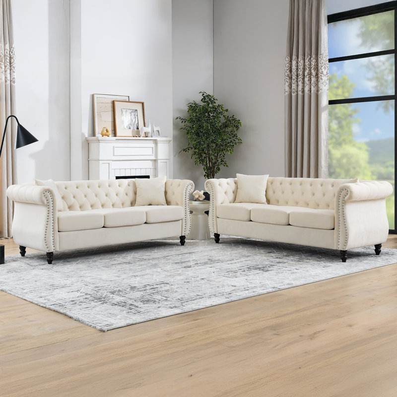 2Pcs 3 Seater 80" Chesterfield Sofa Beige Velvet