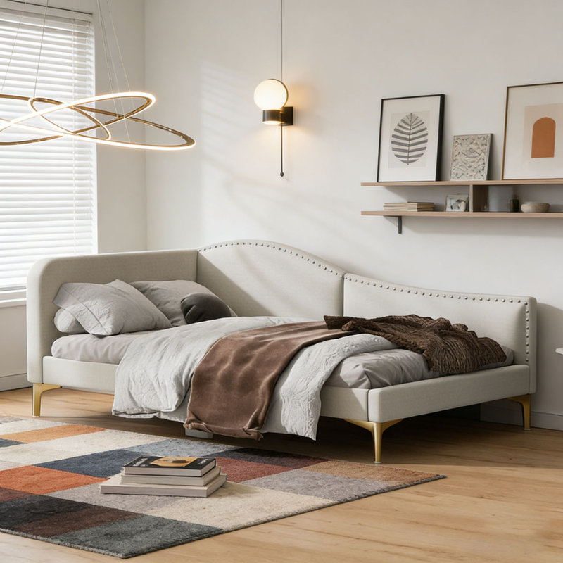 Upholstered Daybed with Headboard and Armrest, Beige, Full/Double