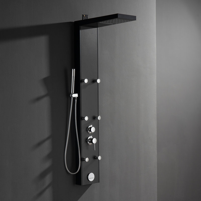6-Jet Rainfall Shower Panel System With Spa Jets Rainfall Waterfall Shower Head And Shower Wand Marble Finish In Black