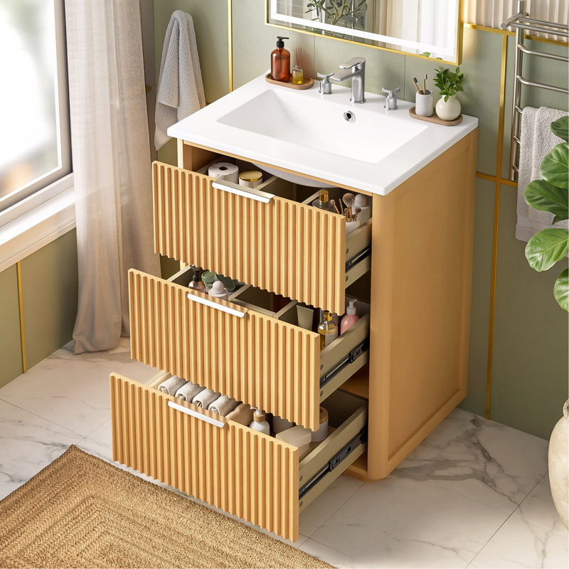 Meuble-lavabo de luxe moderne 24 po avec lavabo en céramique, armoire de salle de bain avec tablette ouverte et rangement fermé