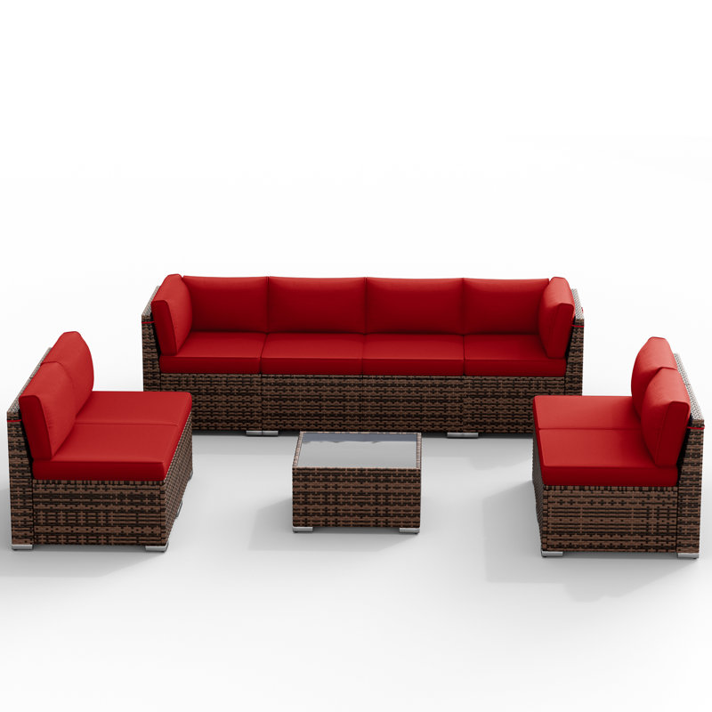 Avamay Rattan Sectional Seating Group with Cushions, Burgundy Performance Microfiber, No