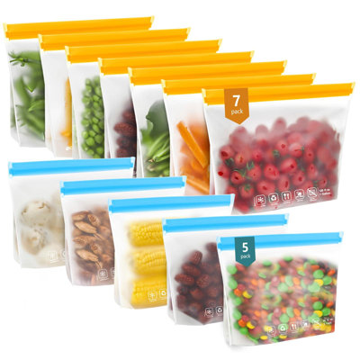 12 Pack Reusable Food Storage Bags 7 Gallon 5 Quart Colored