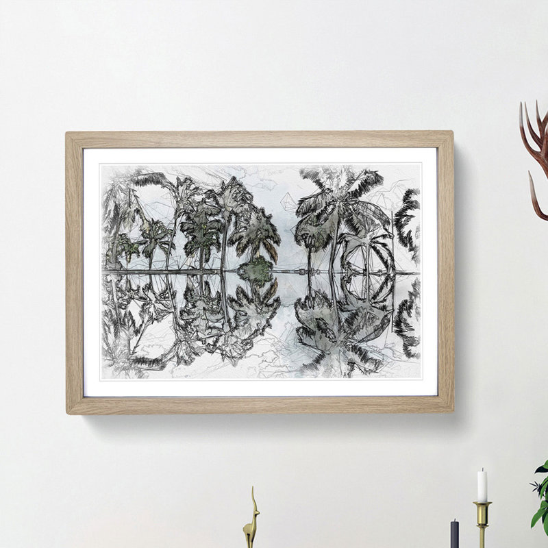 Palm Tree Reflections in Mauritius - Picture Frame Graphic Art Print, Oak Framed, 62cm H x 87cm W x 2cm D