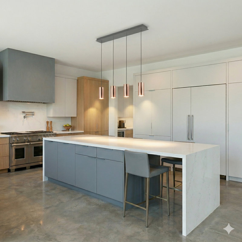 Luminaire suspendu linéaire à 4 lumières pour îlot de cuisine Bludovice, Cuivre