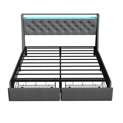 Full Metal Platform Bed Frame, Tufted Linen Headboard with 2 Foot Drawers, Remote RGB LED, USB Type-C AC Charging Station, 800LBS Noise Free Slat Support