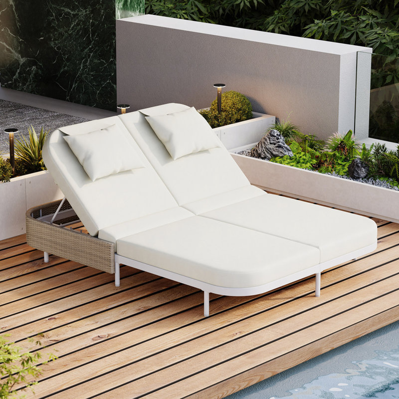 Outdoor Daybed, Patio Rattan Daybed With 5-Position Adjustable Backrest And Removable Cushions&Pillows, Iron Frame Outdoor Bed Loveseat For Garden, Backyard, Poolside (Frame+Cushion)