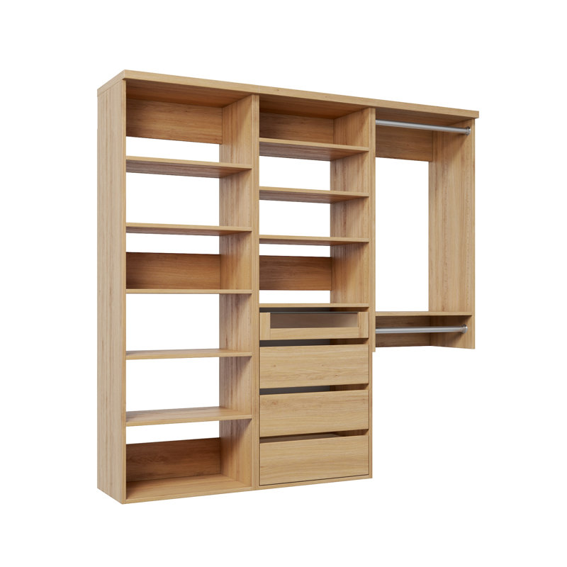 Natural Oak 94.5" Wall-Mounted Single Wall Closet System with 3 Sections, 2 Clothing Rods, 10 Shelves & 4 Reveal Drawers