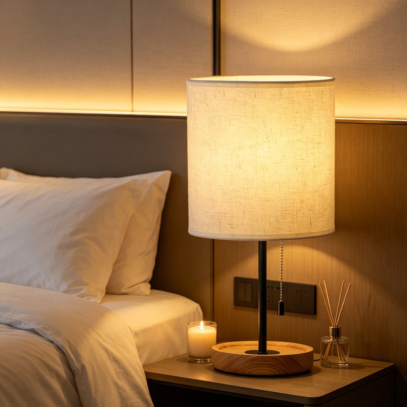 Lampe de table moderne avec base en bois et abat-jour en lin, lampe de table de chevet pour chambre à coucher, salon, bureau, dortoir universitaire, interrupteur à chaîne, homologué UL, base standard E26