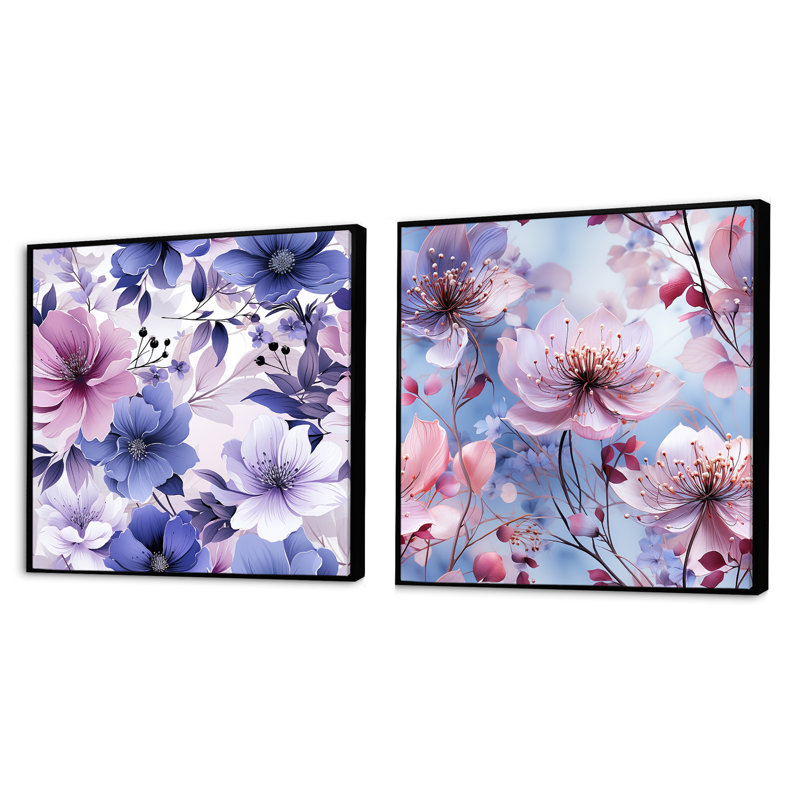 Souliere - Ensemble de 2 collages floraux carrés, Cadre flottant noir, H 16 po x l 33 po