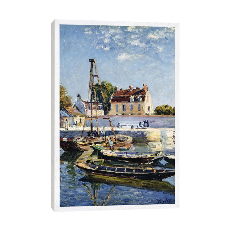 Barges, 1885 by Alfred Sisley - Floater Frame Painting on Canvas, 101.6 cm H x 66.04 cm W, White Framed