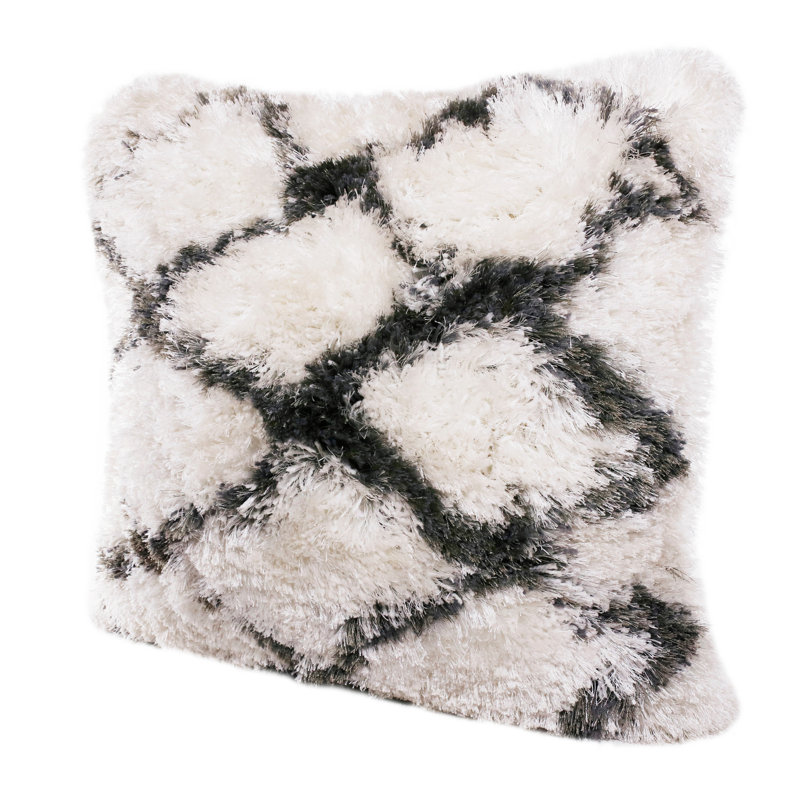 20" White and Black Diamond Shag Throw Pillow