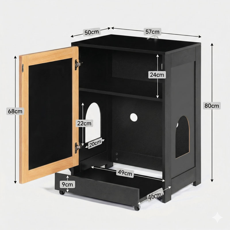 Enceinte de toilette dissimulée pour litière, fonctionne comme une table de bout pour chat, armoire à litière munie d'une porte en sisal, finition noire
