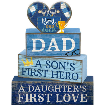 4 Pcs Dad Block Signs Wooden Farmhouse Decor, Father's Day | Tiered Tray Decorations for Home Table, Son's Hero Daughter's Love Quotes, Stacked Wooden Blocks, Rustic Gift for Dad