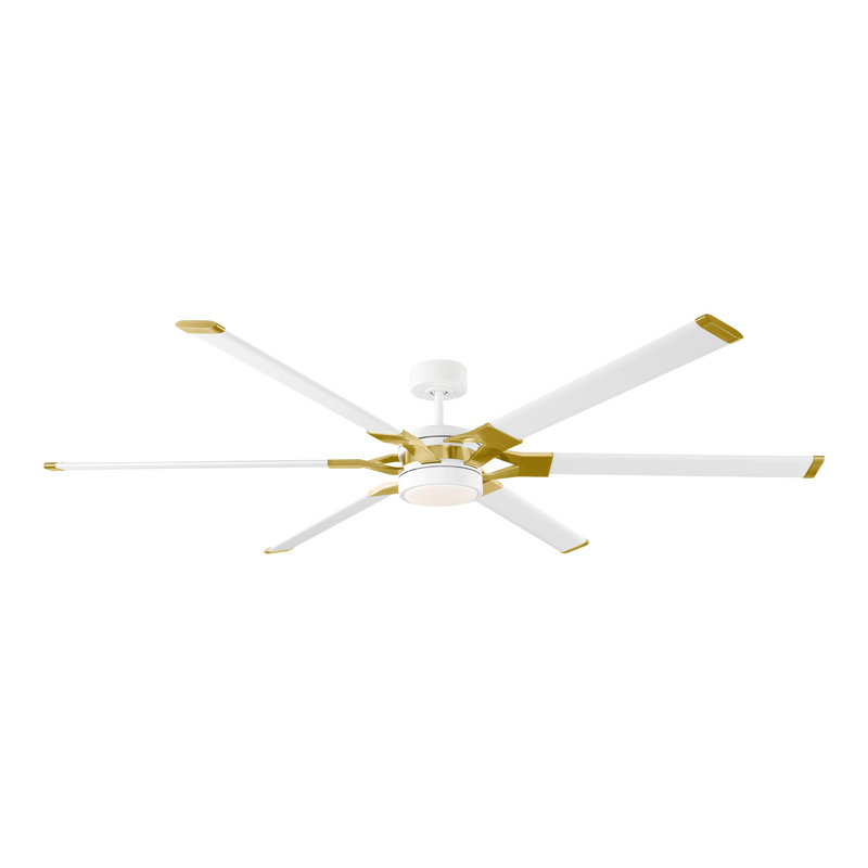 LED Downrod Ceiling Fan, 62 inches, Matte White/Burnished Brass with White Blades