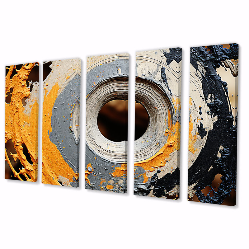 Ensemble de 5 spirales abstraites modernes en pierre grise et jaune, H 28 po x l 60 po