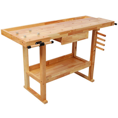 Établi en bois 55 po, banc de travail en bois robuste avec poignée réglable, table de travail du bois avec capacité de charge de 300 lb avec rangement pour garage, atelier, rangement à la maison