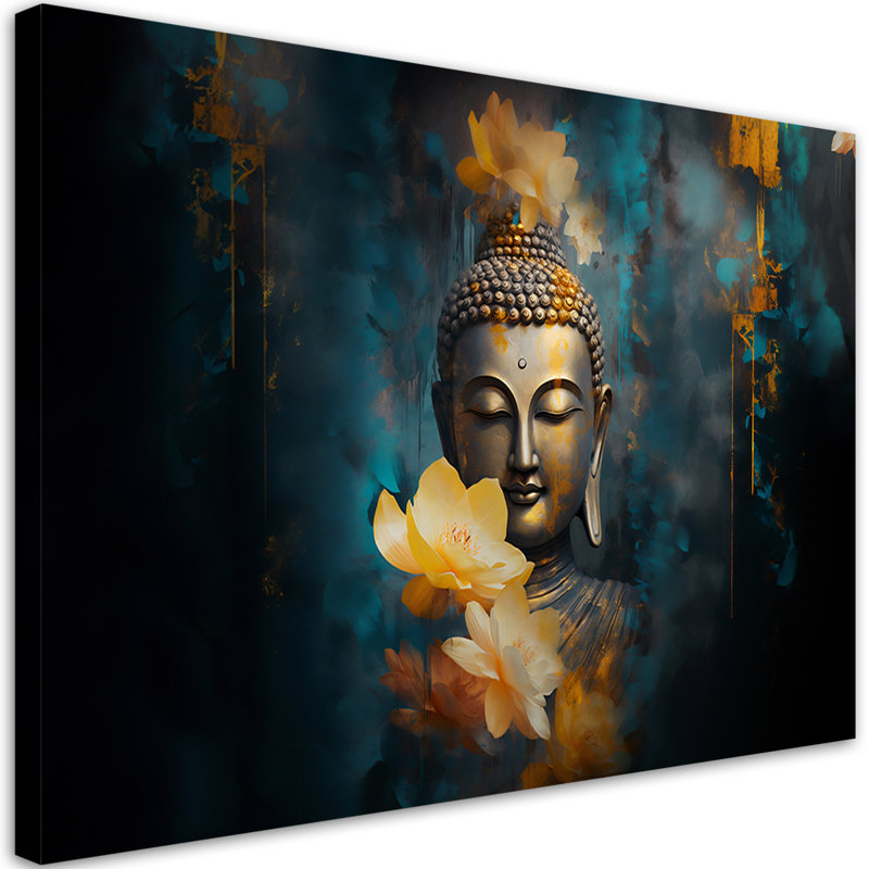 Buddha And Golden Flowers - No Frame Print on Canvas, 60cm H x 90cm W