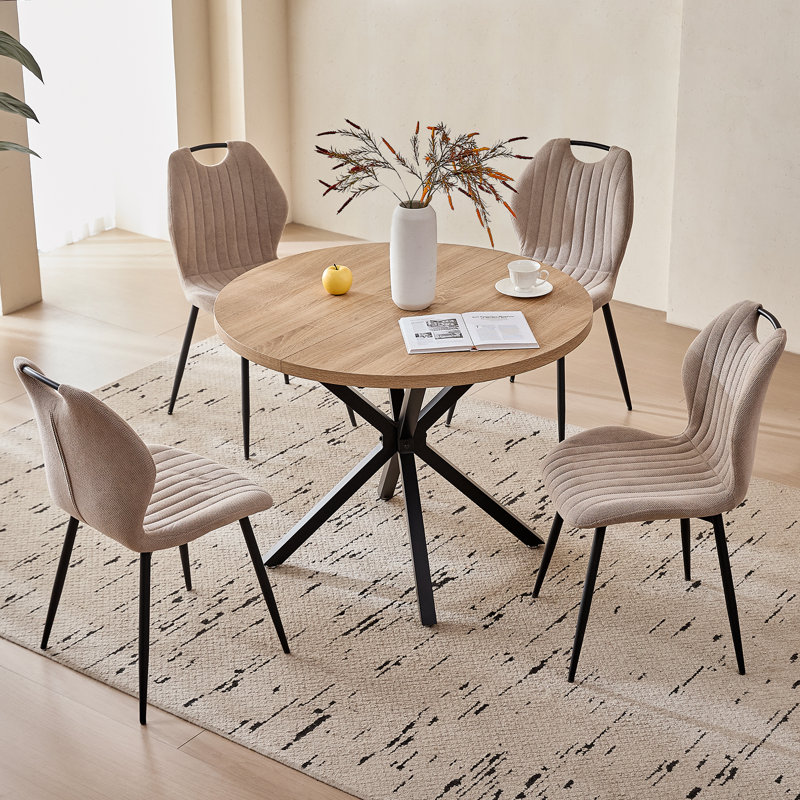 39" Round Dining Table Set for 4, Mid Century Modern Natural Kitchen Table with 4 Upholstered Khaki Chairs for Apartment Space Saving