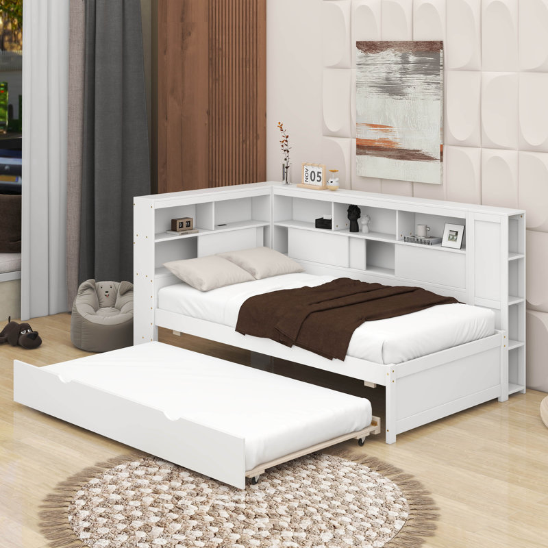 Twin Wood Daybed With Shelves And Trundle, White