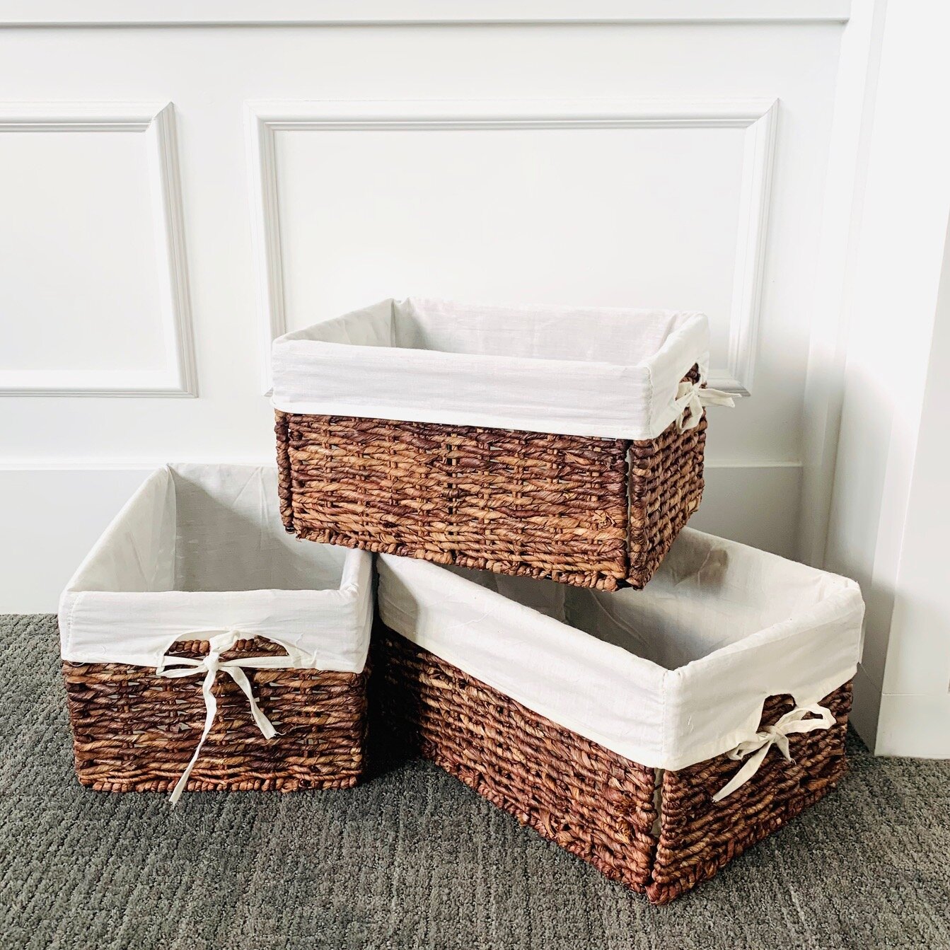 5 Piece Grey Wicker Baskets with Cloth Lining for Storage, Lined