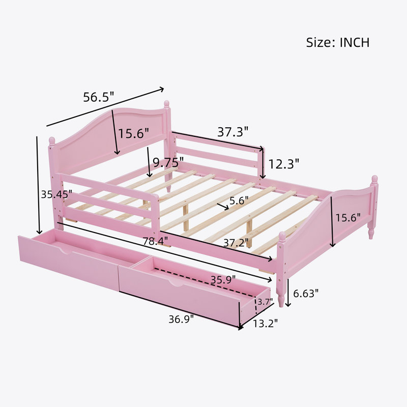 Wood Platform Bed with Guardrails on Both Sides and Two Storage Drawers ,Pink, Full