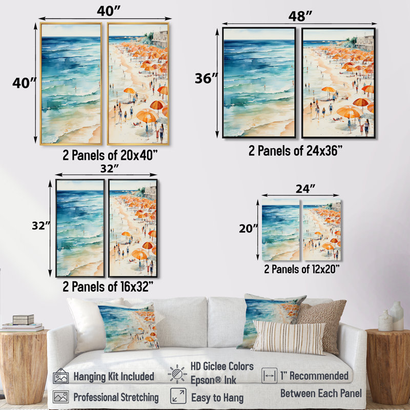 Beach Day Umbrella Parade V - Art mural côtier, 32" H x 32" W, Impression encadrée flottante, Gold
