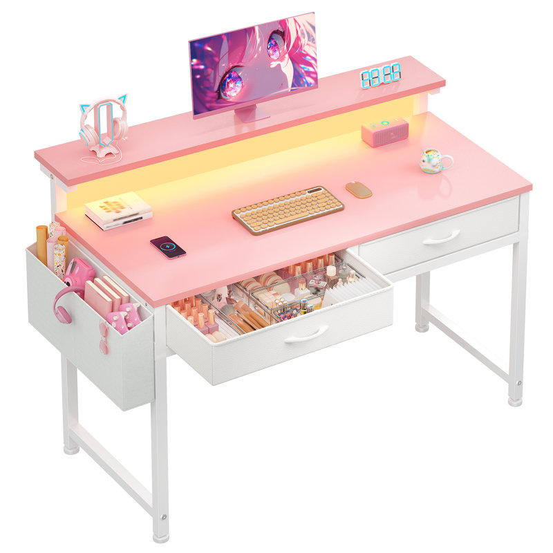 Petit bureau d'ordinateur avec 2 tiroirs et lumières DEL, bureaux à domicile avec poche latérale et support pour écran, Blanc