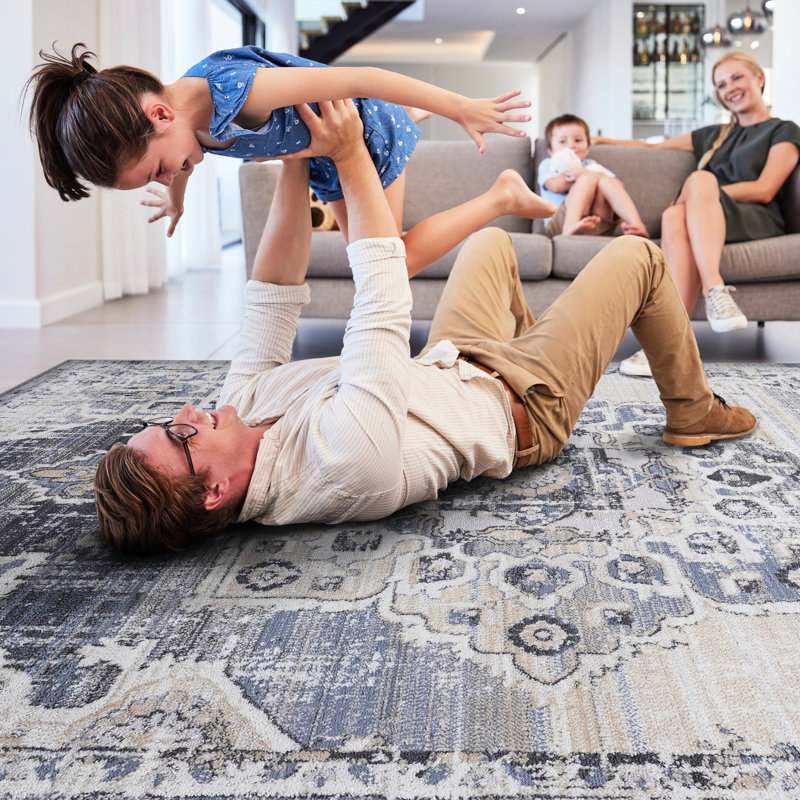 Loom & 5x7 Area Rug, Cream/blue Medallion Design, Non-shedding, Stain , Great For Living Room Entryway Rug 5x7, Collection, Medallion, Fits Bedroom Home Office