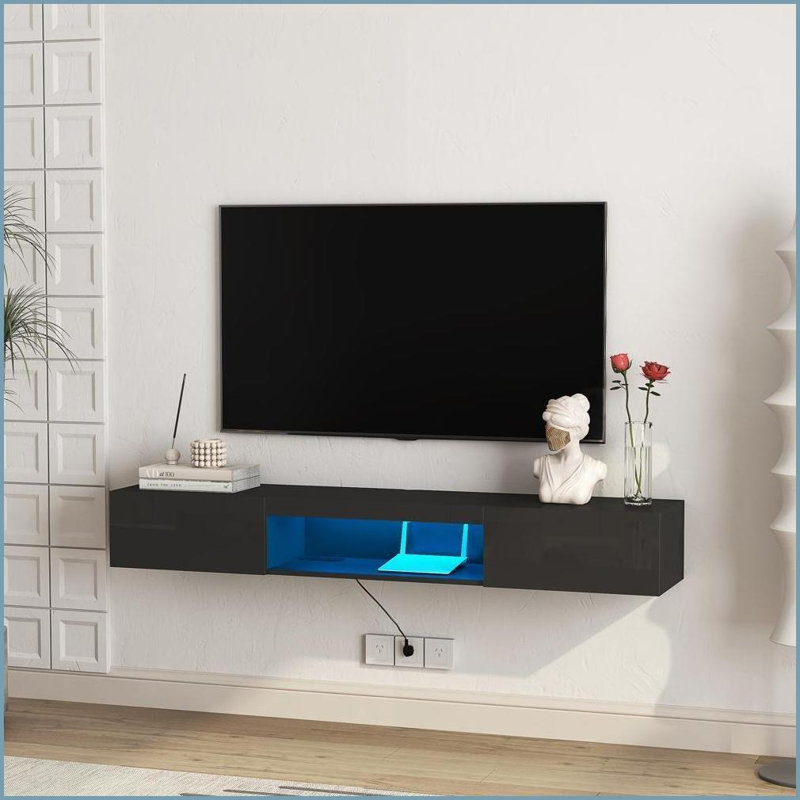 TV Furniture | Modern 63” Floating Wall Mounted TV Stand with 16-Color LEDs for 55-65 Inch TVs | Black | TV Size Ranges 60-69 inches