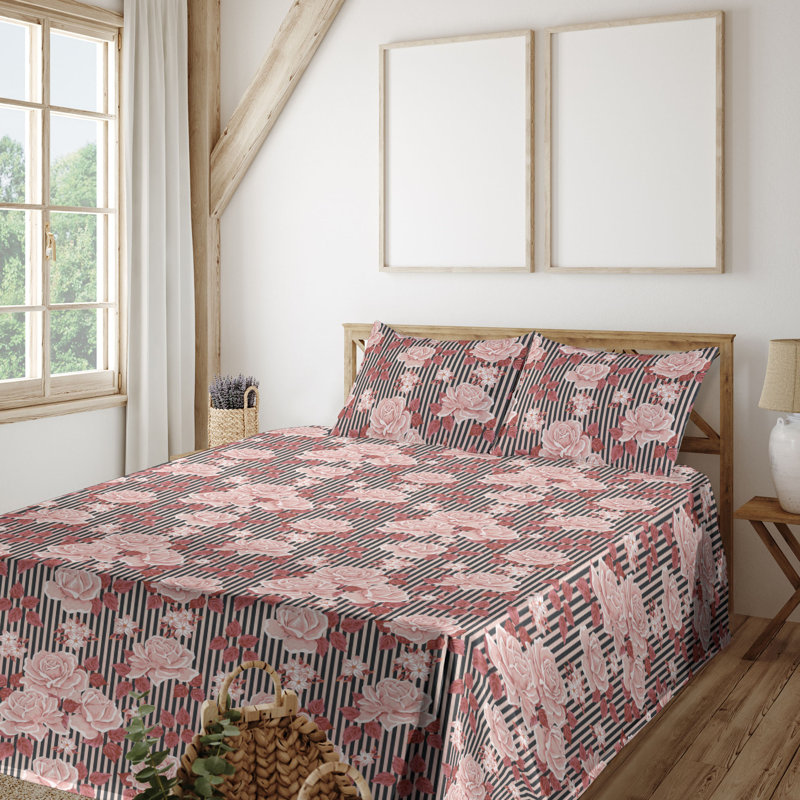 Ambesonne Watercolor Botany Sheet Set 4 Pcs Retro Boho Bloom, Pale Pink Cinnamon Blush Floral