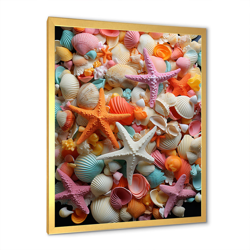 Multicolore coquillage symphonie - art mural côtier tropical, Cadre doré simple, H 32 po x l 16 po x P 1 po