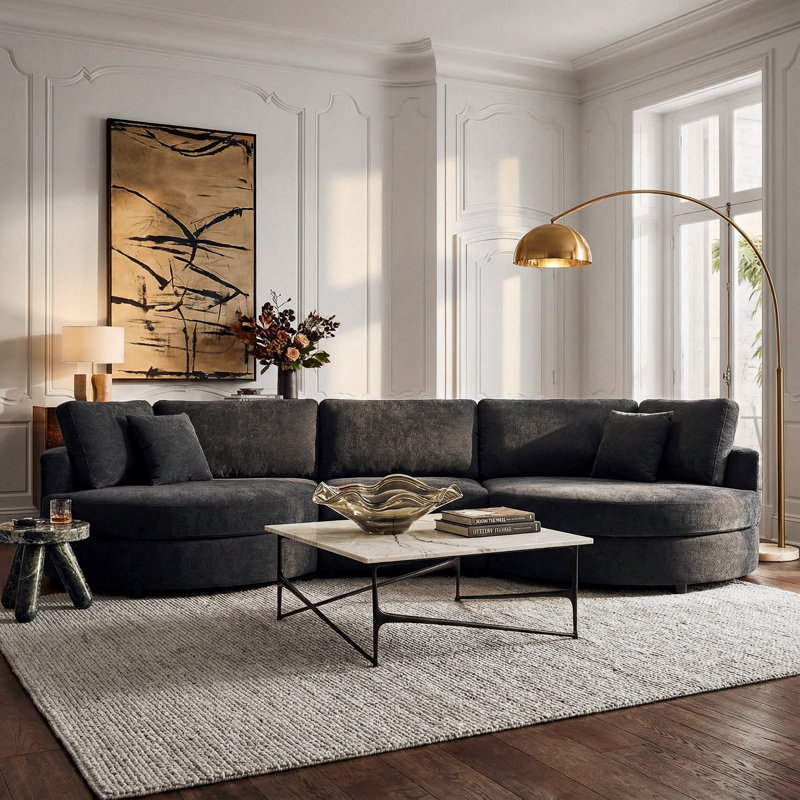 Marlowe 3-Piece Curved Chenille Upholstered Sofa With Plush Cushions, Rounded Arms, And Sculptural Silhouette, Black Chenille