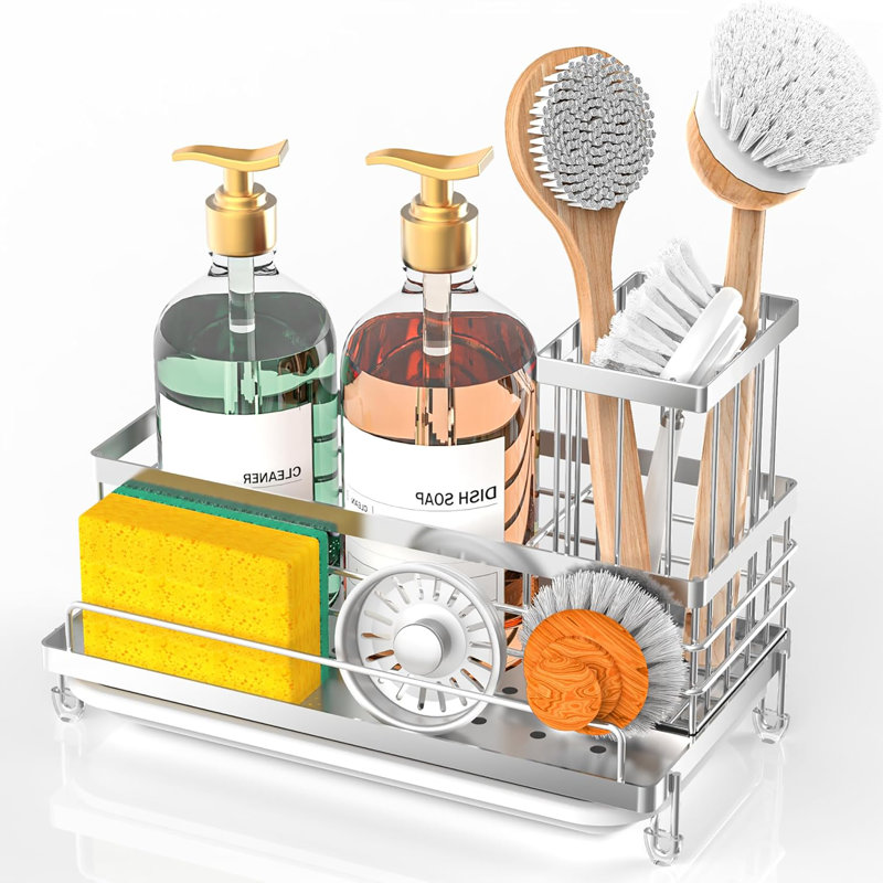 Évier de cuisine grande capacité antirouille et antidérapant avec organisateur de porte-brosse à vaisselle, Argent argent