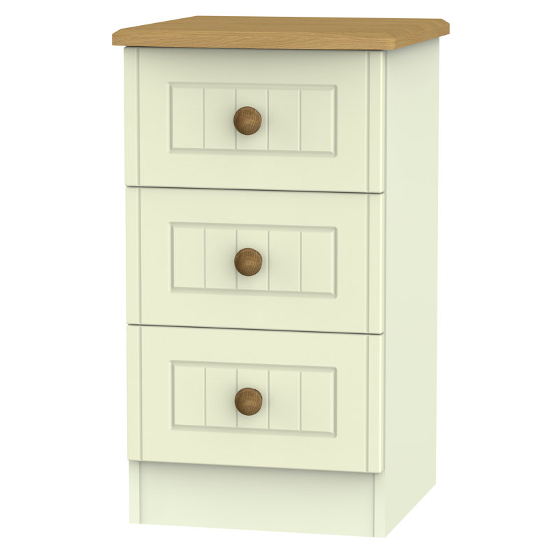 Fully Assembled Saxena 3 Drawer Bedside Table, Cream with Oak Finishing